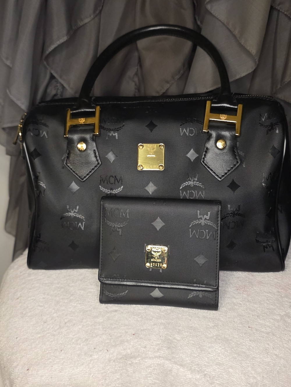 Authentic MCM Black Visetos Satchel with Strap & Matching Wallet🖤🖤